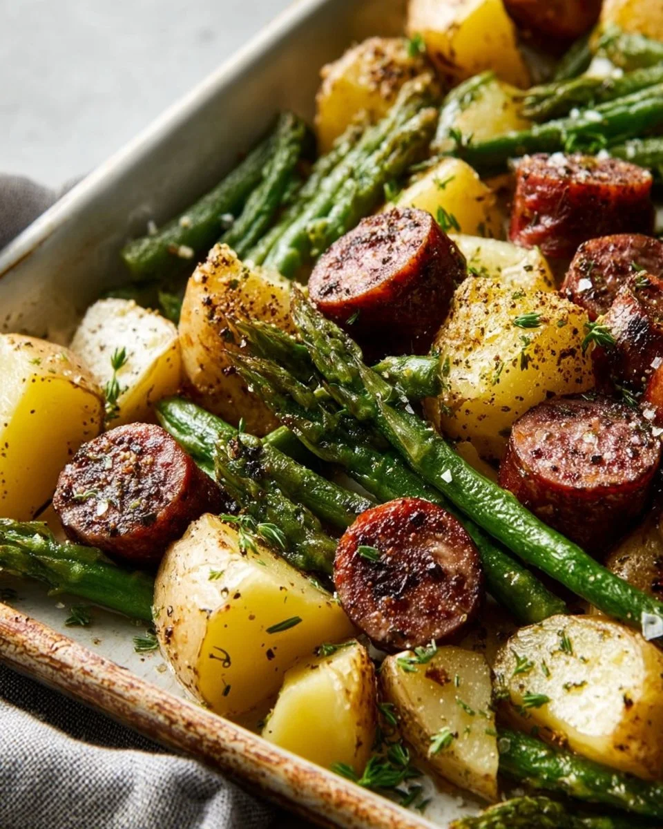 Sheet pan sausage with potatoes and green beans cooked to perfection