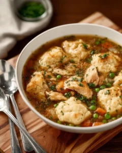 Bowl of slow cooker chicken and dumplings ready to serve