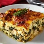 Slow Cooker Chicken Spinach Lasagna garnished and served in a dish