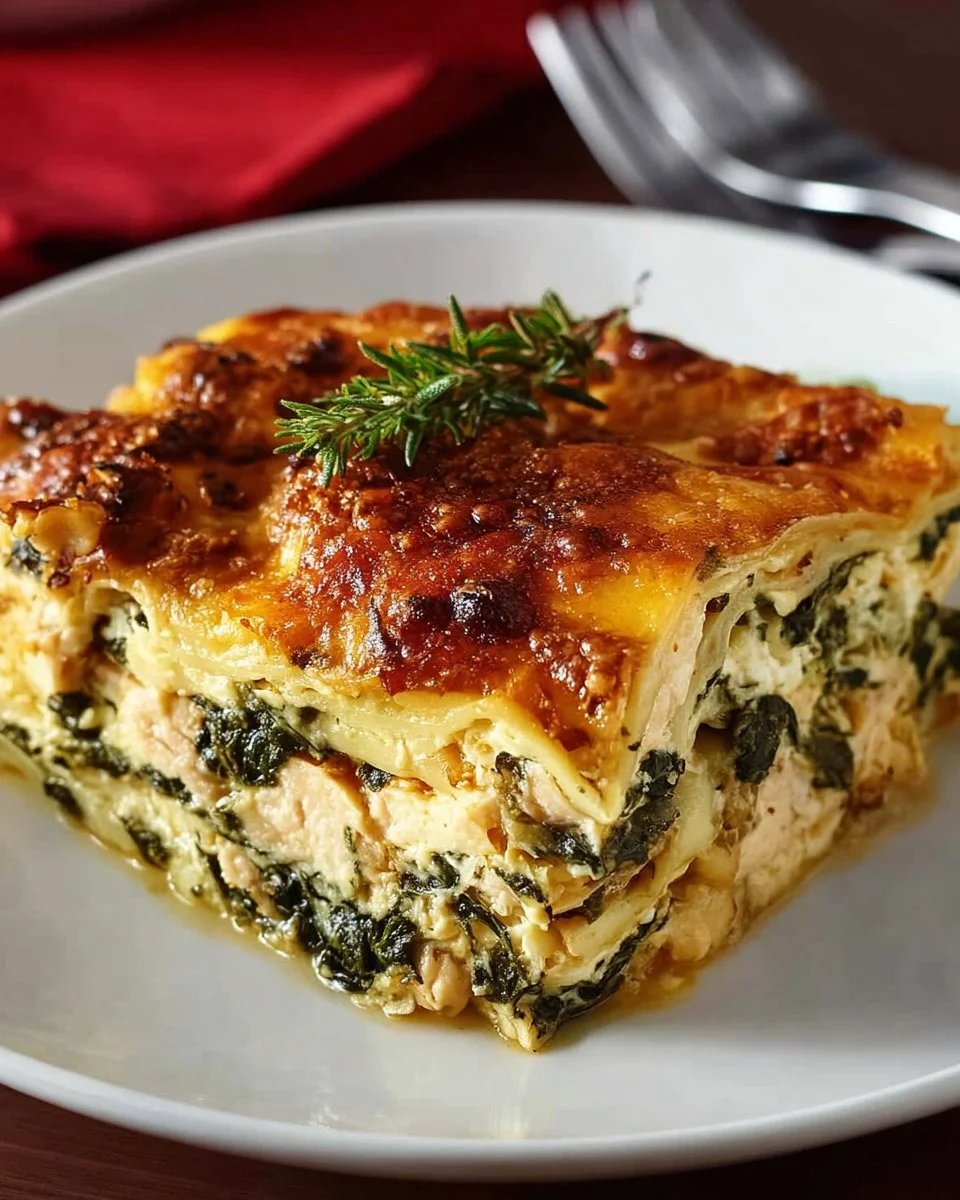 Slow Cooker Chicken Spinach Lasagna garnished and served in a dish