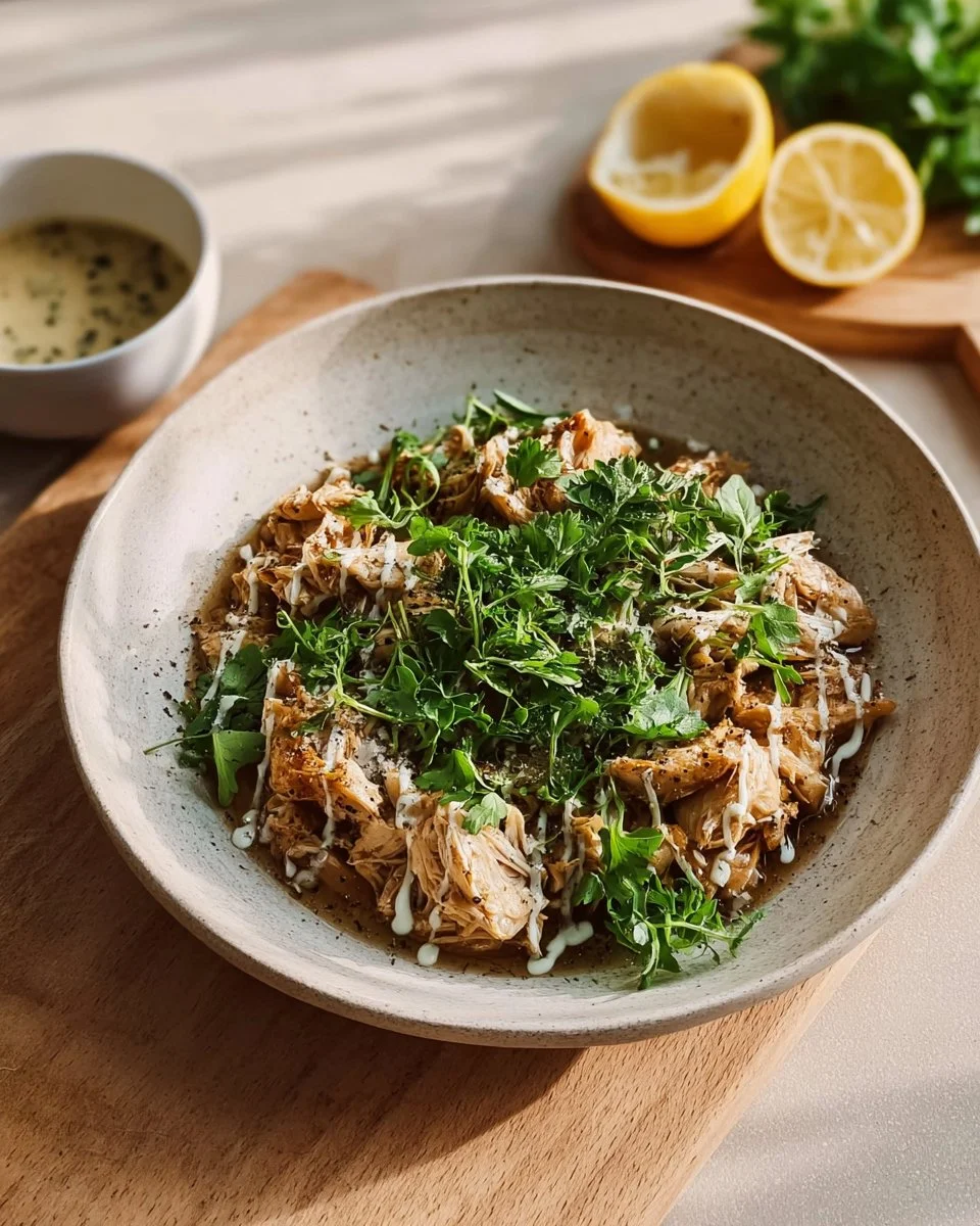 Slow cooker lemon garlic chicken served on a plate with herbs