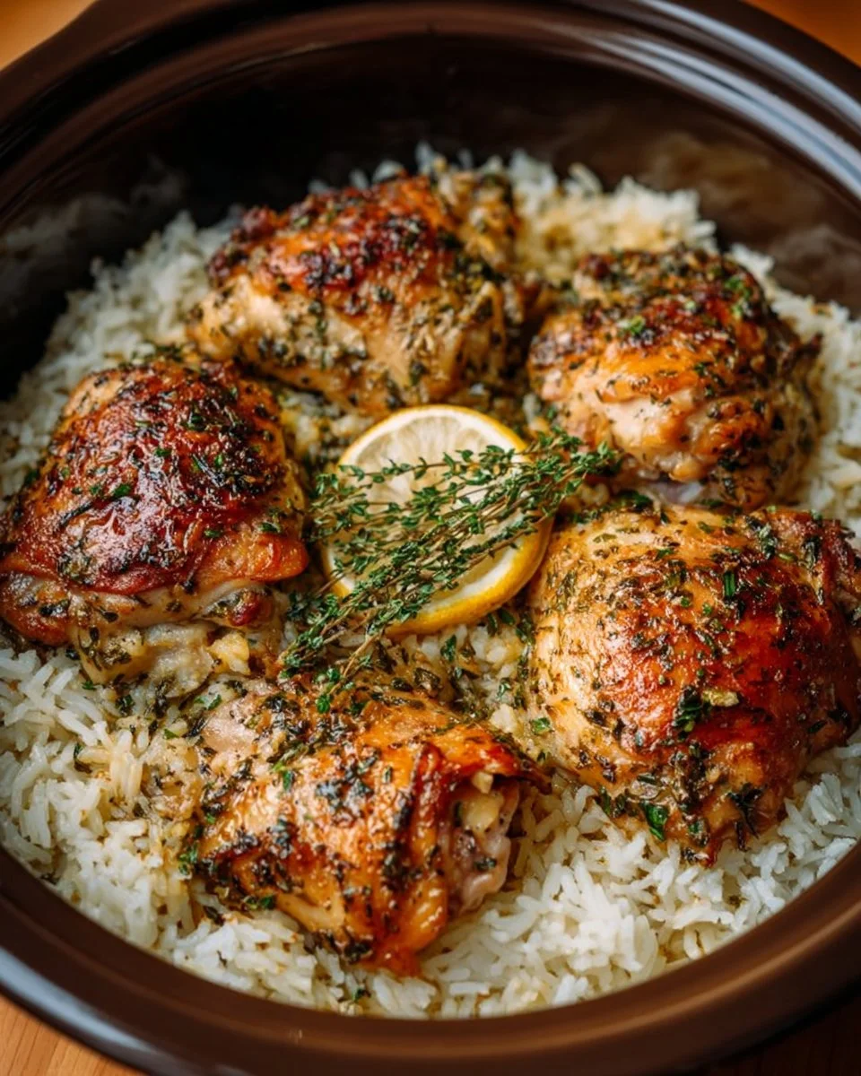 Slow Cooker Lemon Herb Chicken served with fluffy rice in a bowl