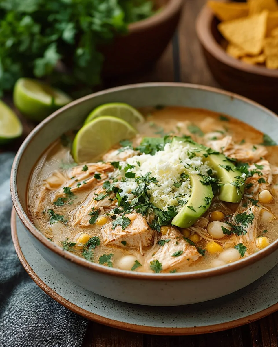 Bowl of spicy chicken chili topped with fresh herbs and spices.