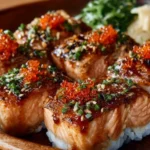 Delicious Spicy Salmon Sushi Bake served in a baking dish.