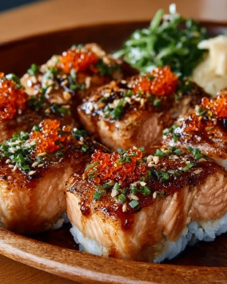 Delicious Spicy Salmon Sushi Bake served in a baking dish.