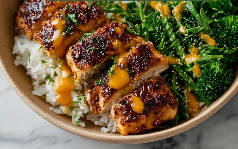 Delicious sticky chicken rice bowls with vibrant ingredients and sauce