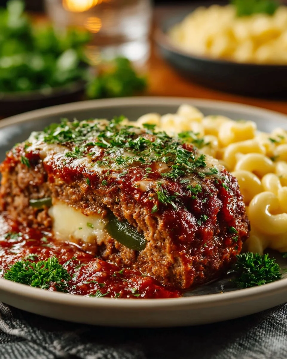 Delicious stuffed meatloaf with a savory filling, sliced and served on a plate
