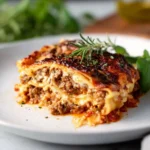Super Meaty and Cheesy No Boil Lasagna ready to serve - easy and flavorful recipe
