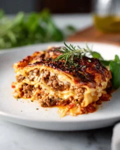 Super Meaty and Cheesy No Boil Lasagna ready to serve - easy and flavorful recipe