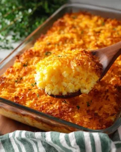 Delicious cheesy potato casserole topped with melted cheese and baked to perfection