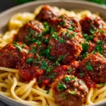 Delicious plate of authentic Italian meatballs served with marinara sauce and herbs.