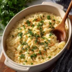 Deliciously baked cheese risotto served in a bowl, garnished with herbs.