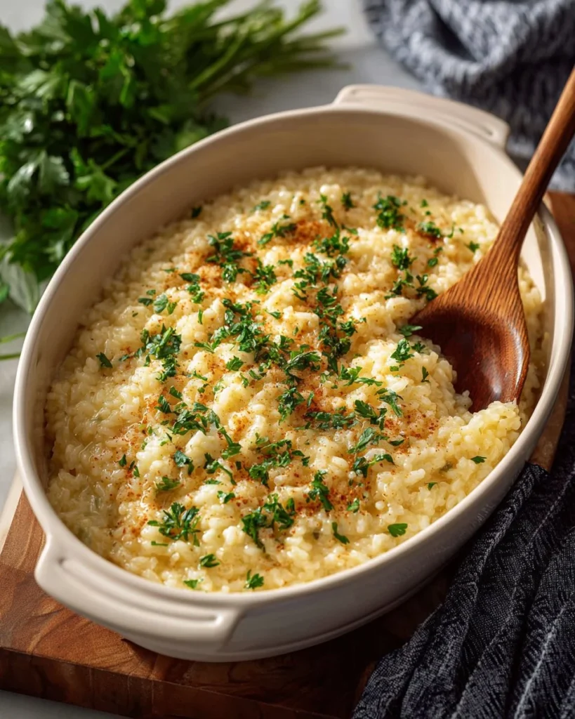 Deliciously baked cheese risotto served in a bowl, garnished with herbs.