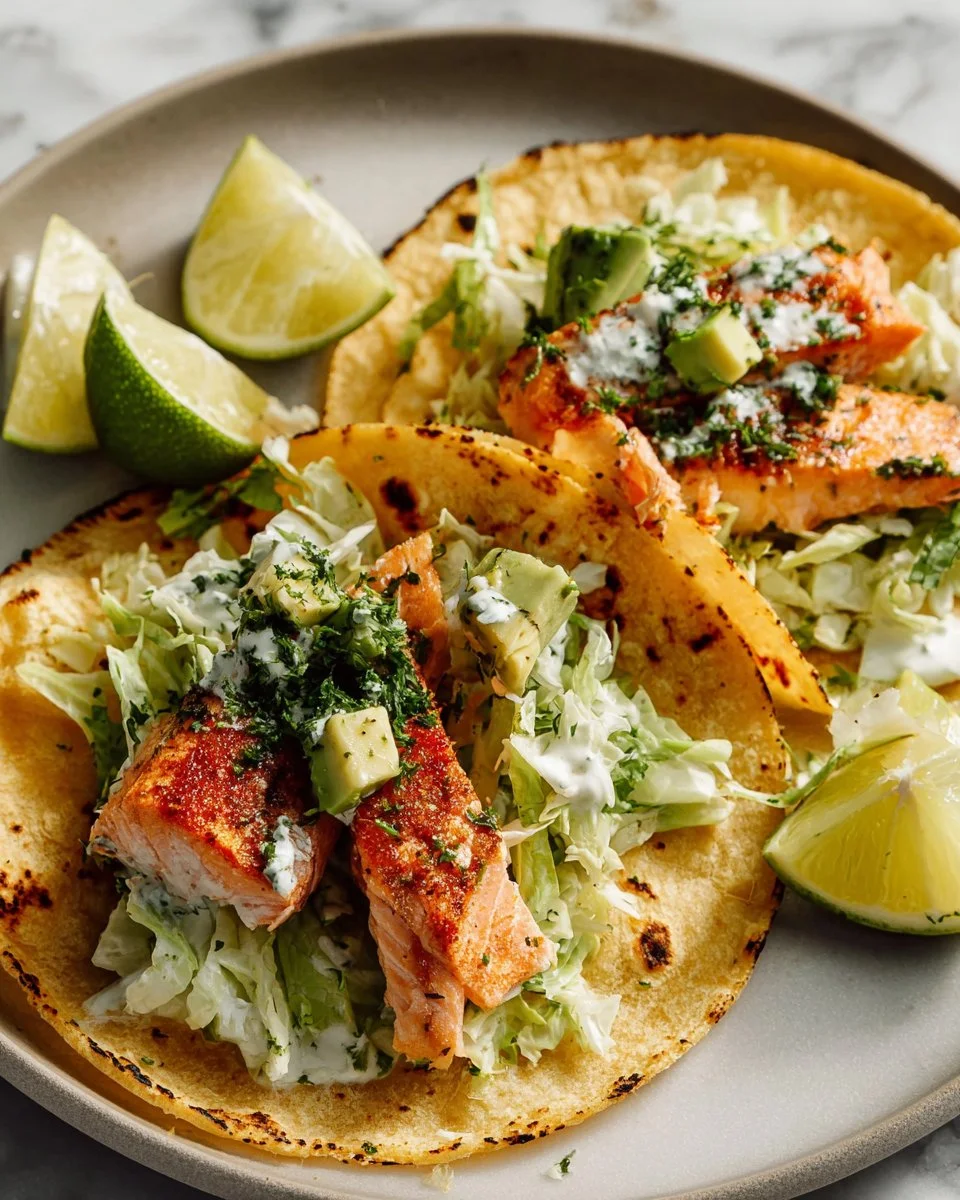 Baked salmon tacos served with fresh toppings and lime