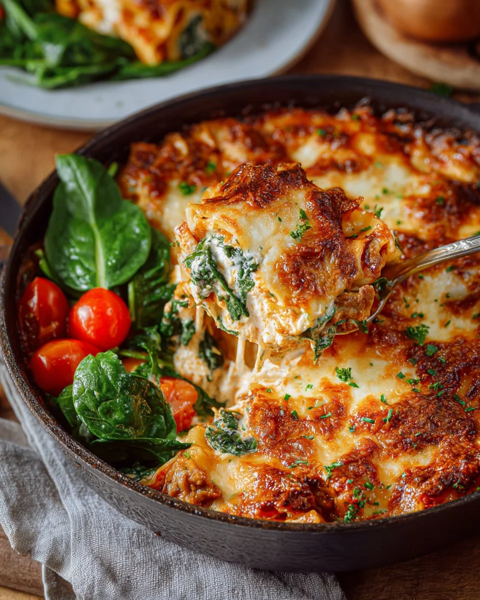 Image of a delicious Baked Tortellini Casserole topped with cheese and herbs.
