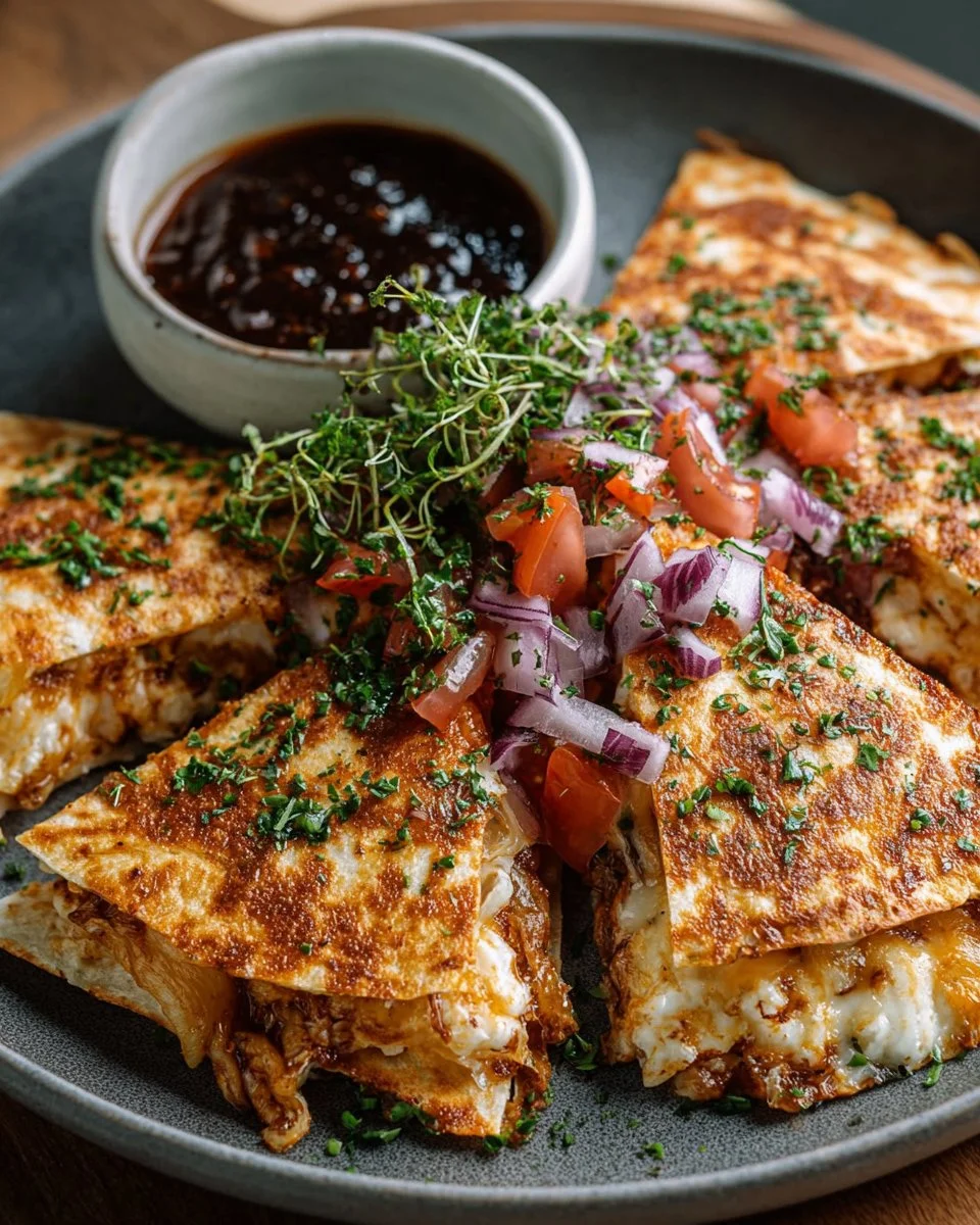 Delicious BBQ chicken quesadillas with melted cheese and fresh toppings