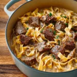 Delicious bowl of Beef Stroganoff Soup with beef and mushrooms