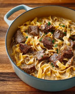 Delicious bowl of Beef Stroganoff Soup with beef and mushrooms