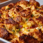 Delicious breakfast casserole with bacon served in a baking dish