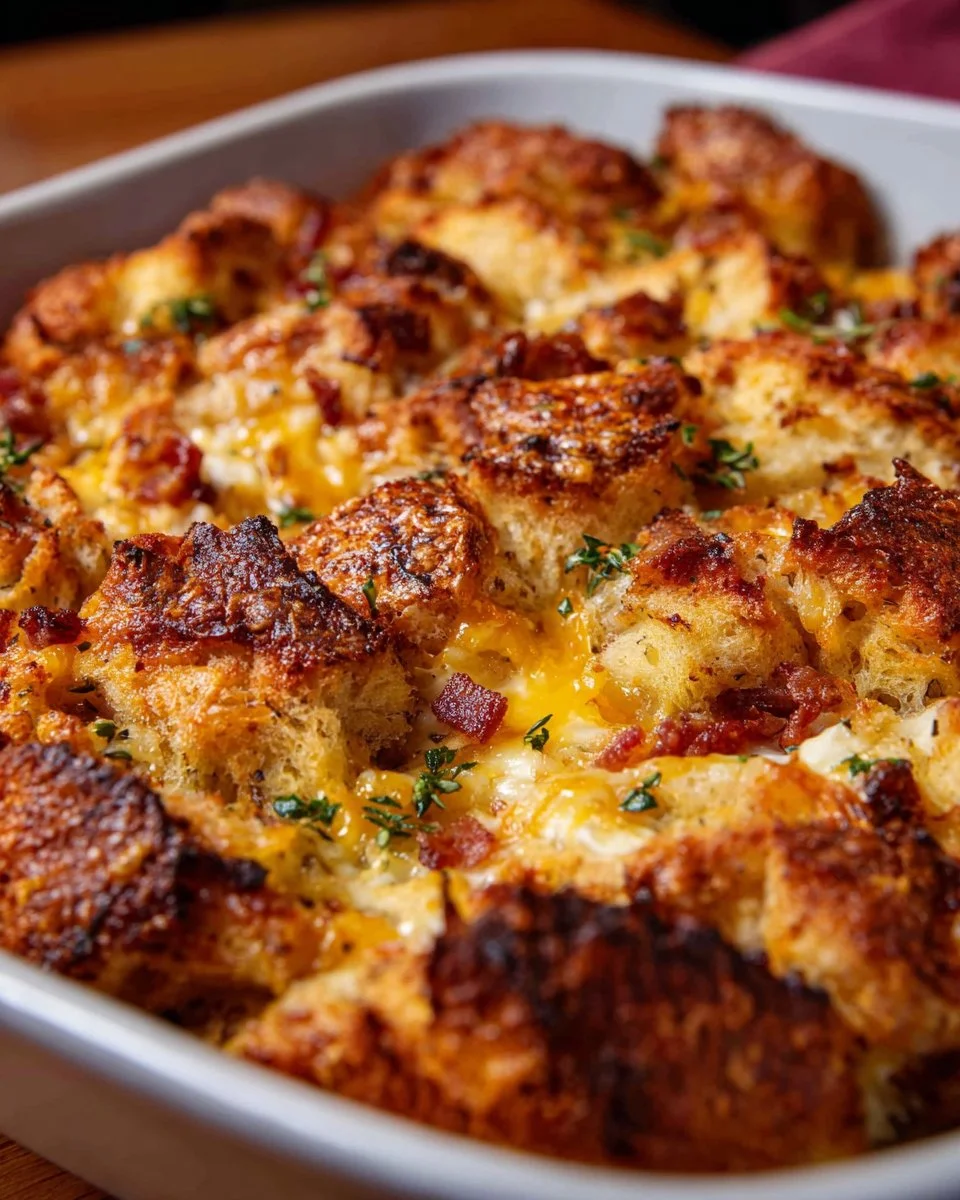 Delicious breakfast casserole with bacon served in a baking dish