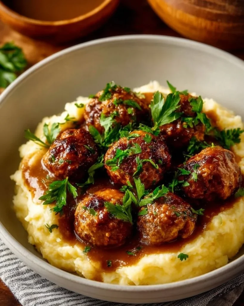 Delicious homemade brown gravy served over mashed potatoes