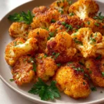 Plate of crispy Buffalo Cauliflower Wings garnished with celery and sauce