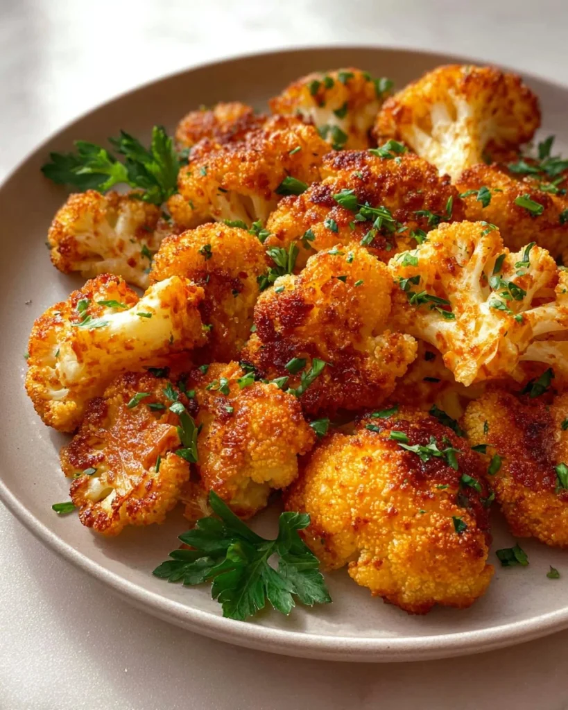 Plate of crispy Buffalo Cauliflower Wings garnished with celery and sauce