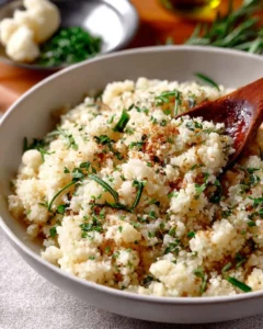 Bowl of cauliflower rice topped with vegetables and herbs