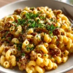 Delicious cheeseburger macaroni in a creamy cheese sauce with ground beef