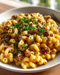 Delicious cheeseburger macaroni in a creamy cheese sauce with ground beef