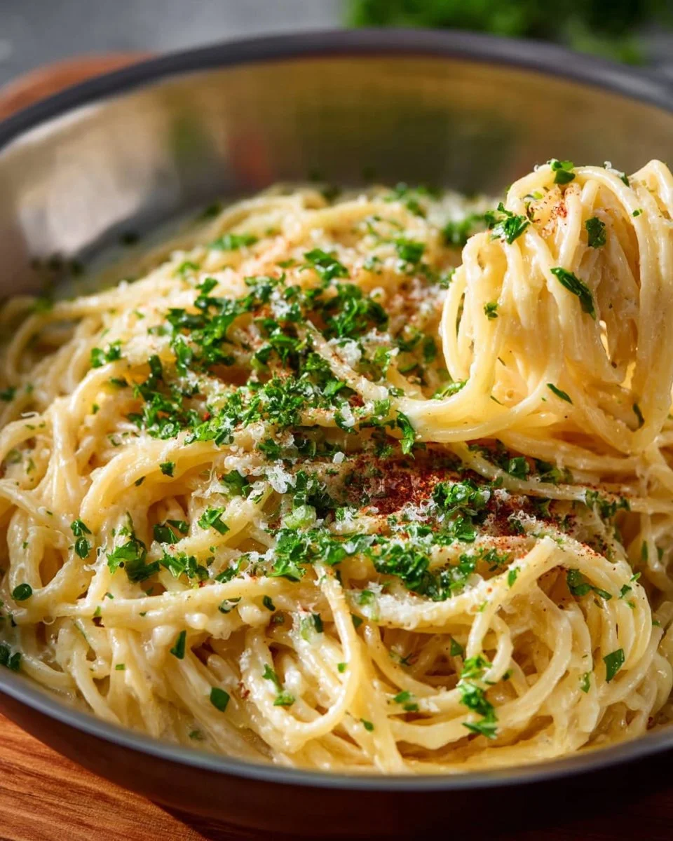 Plate of cheesy garlic pasta garnished with herbs