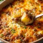 Cheesy ground beef and potato casserole in a baking dish