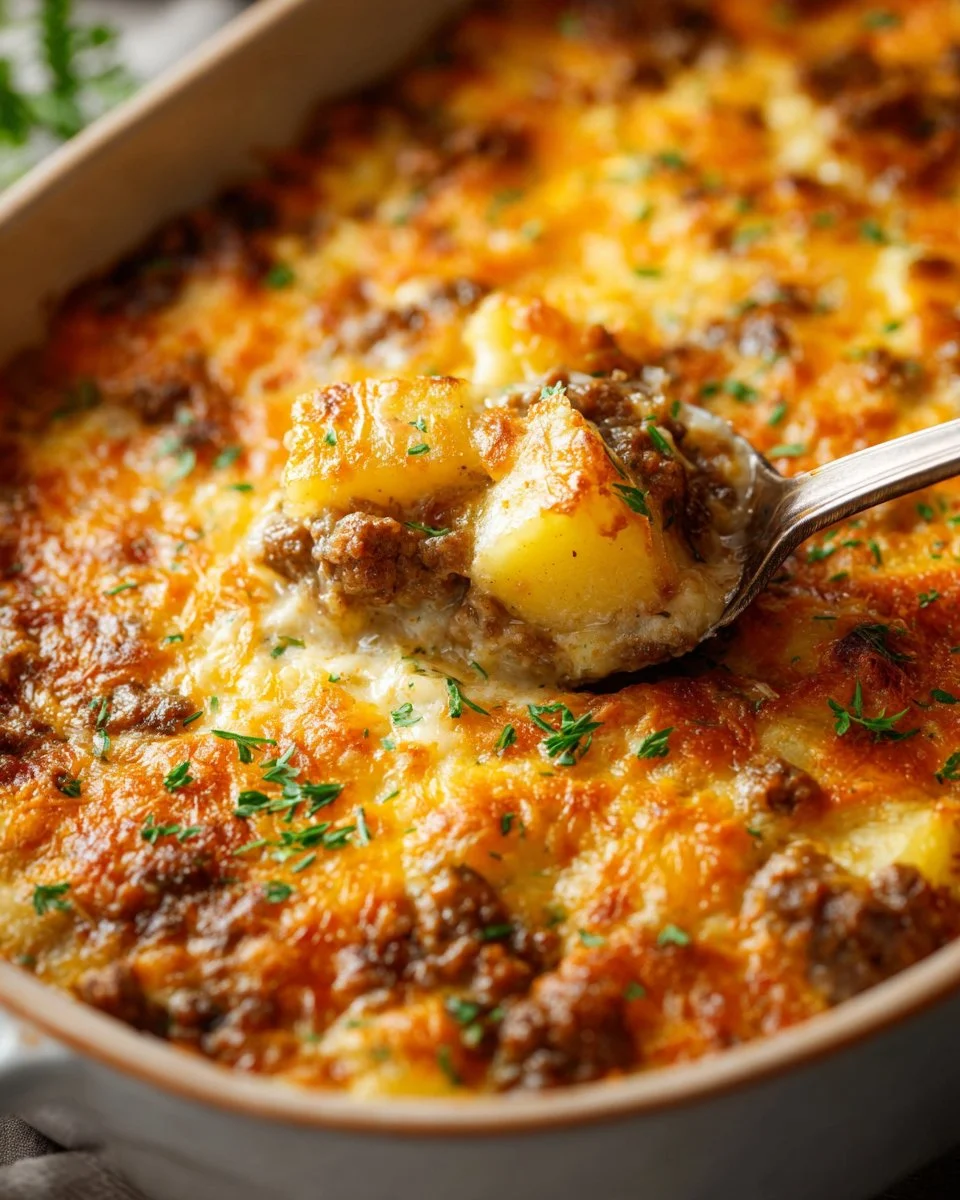 Cheesy ground beef and potato casserole in a baking dish