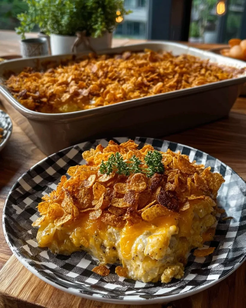 Cheesy Hash Brown Breakfast Bake served on a plate with fresh herbs.