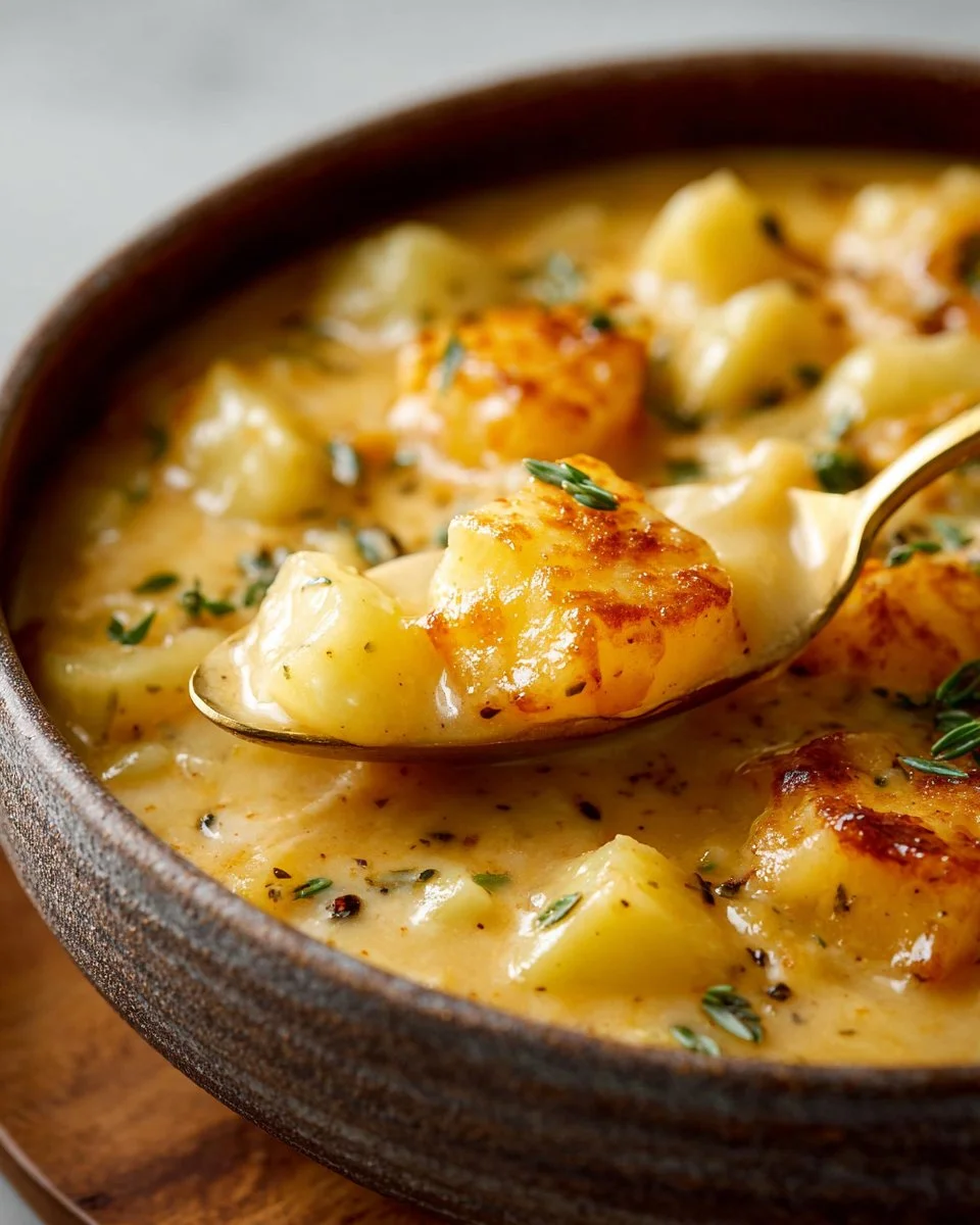 Creamy cheesy potato soup garnished with herbs in a bowl