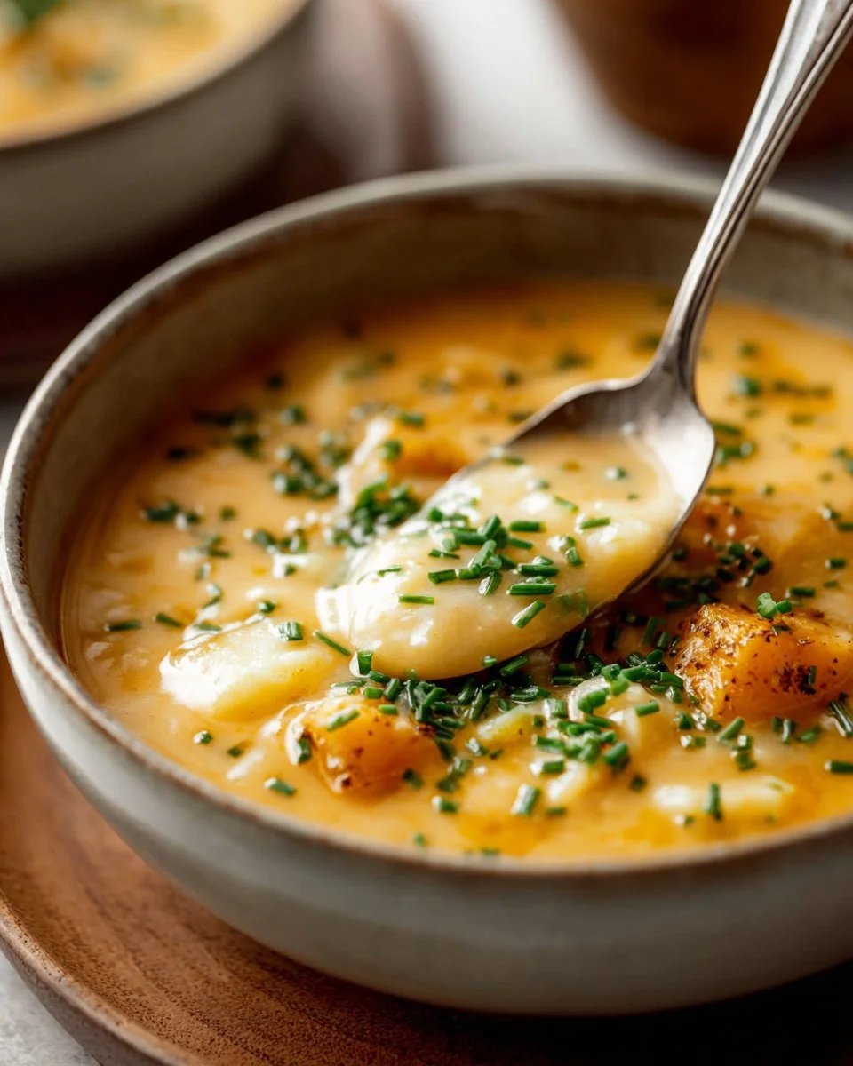 Bowl of delicious cheesy potato soup topped with herbs and cheese