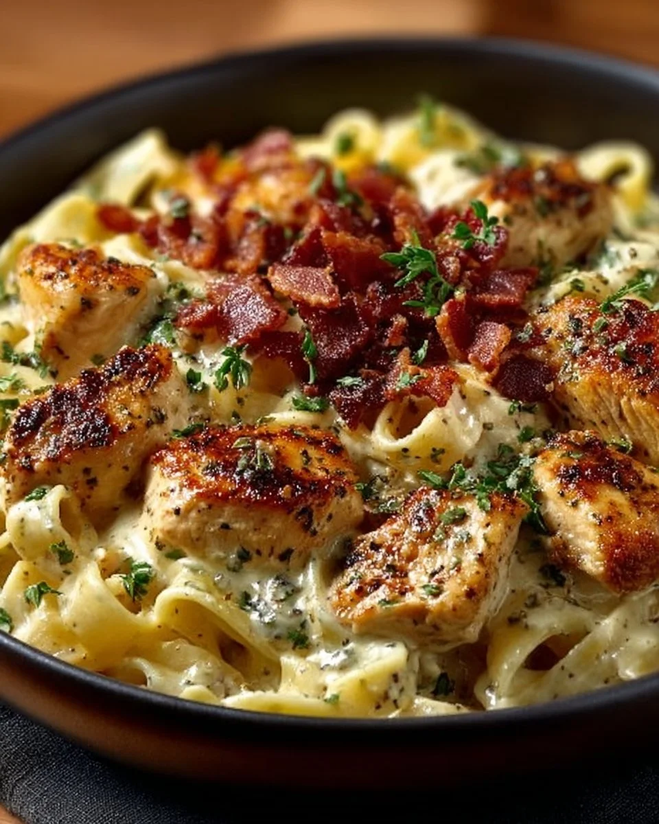 Delicious Chicken Bacon Ranch Pasta garnished with herbs and bacon