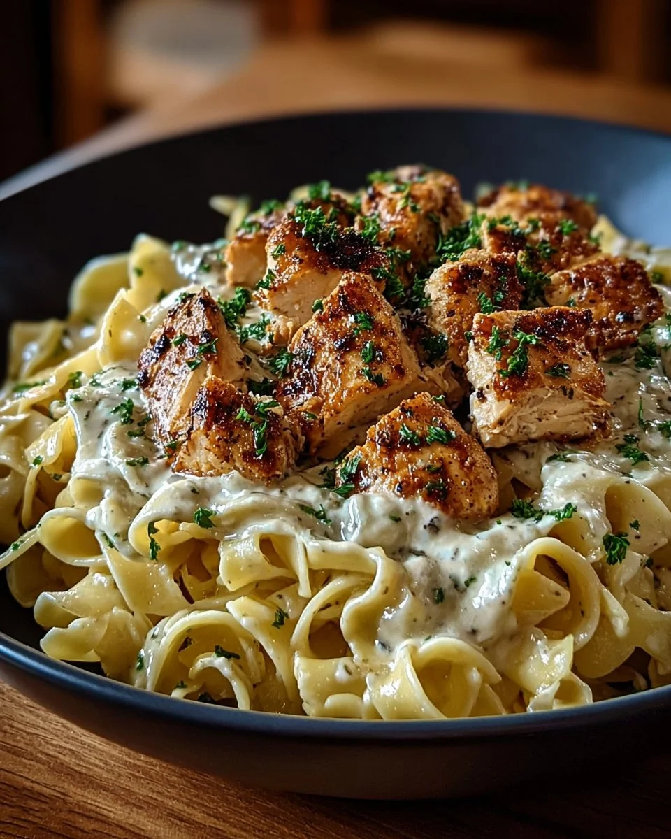 Delicious chicken buttered noodles served in a white bowl