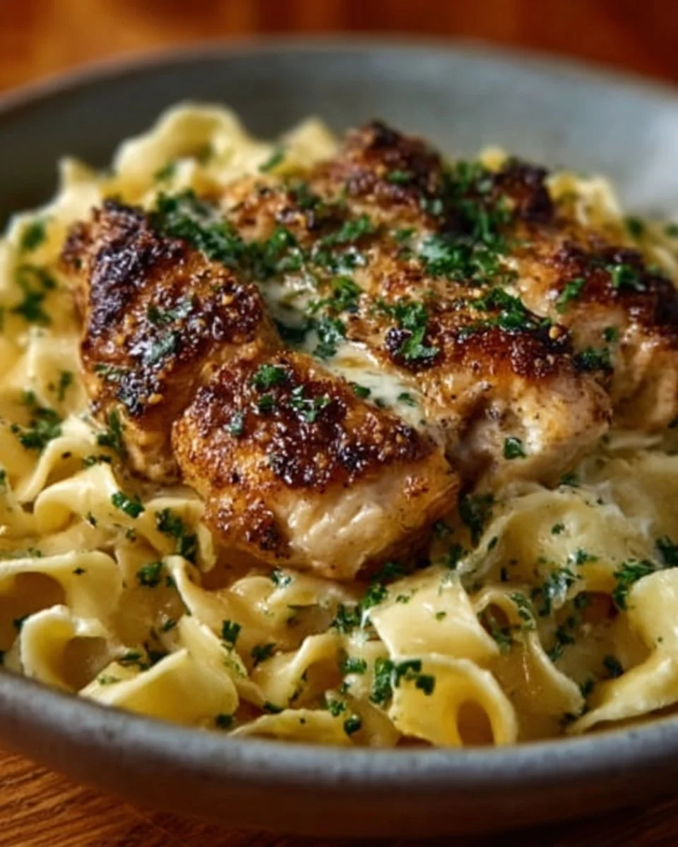 Plate of Chicken with Buttered Noodles garnished with parsley