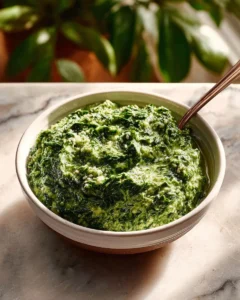 Delicious bowl of creamed spinach ready to serve as a side dish.