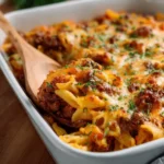Creamy Beef and Mushroom Casserole served on a plate, garnished with parsley