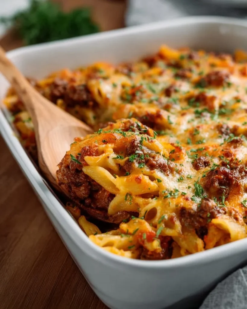 Creamy Beef and Mushroom Casserole served on a plate, garnished with parsley