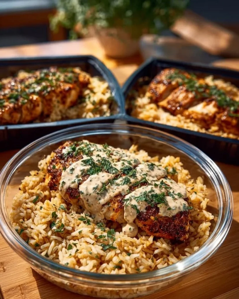 Creamy Cajun Chicken and Rice Bowls with fresh vegetables in a bowl