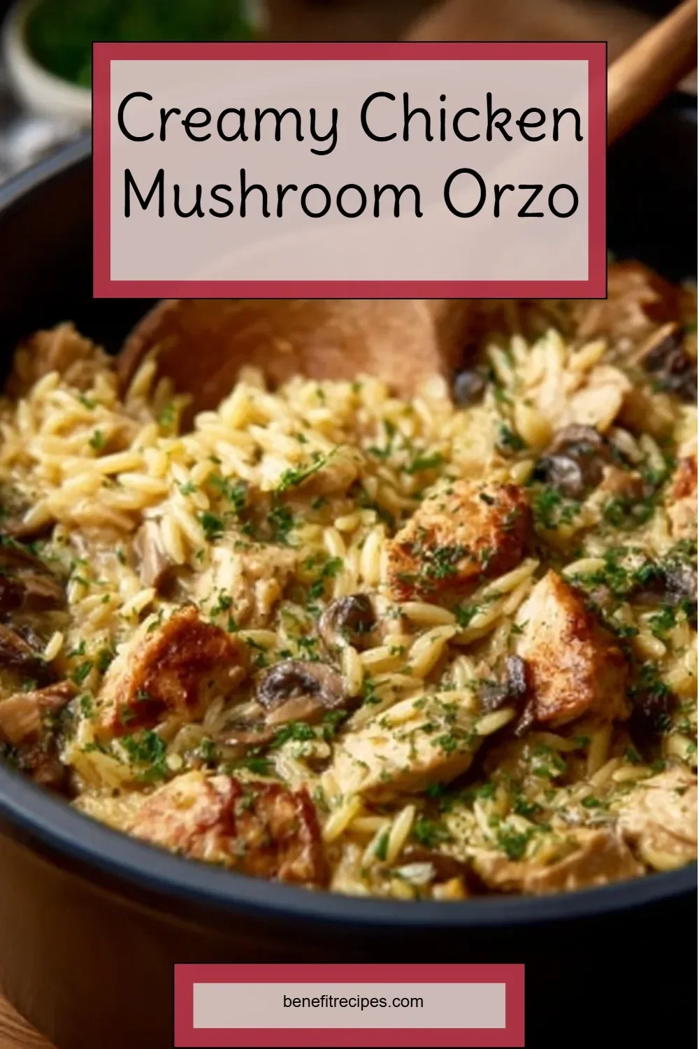 Creamy Chicken Mushroom Orzo served in a bowl, garnished with herbs