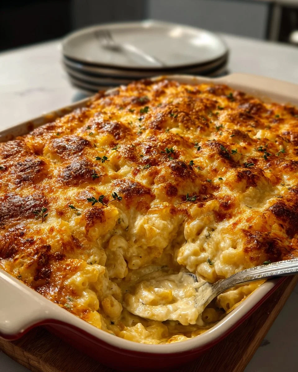 Delicious creamy mac and cheese topped with breadcrumbs