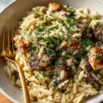 Creamy mushroom and chicken orzo dish served in a bowl