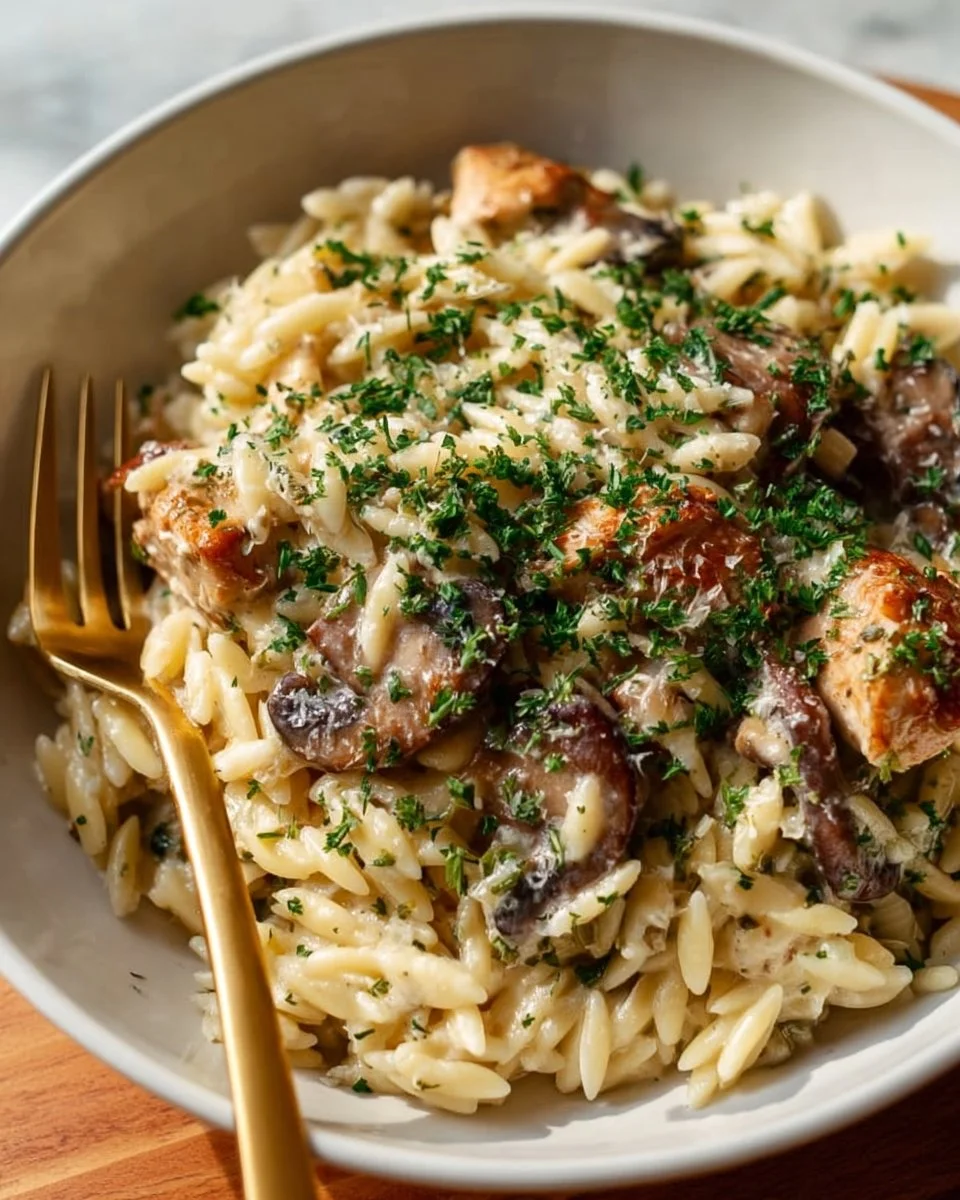 Creamy mushroom and chicken orzo dish served in a bowl
