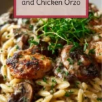 Creamy mushroom and chicken orzo dish with fresh herbs