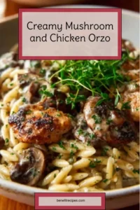 Creamy mushroom and chicken orzo dish with fresh herbs