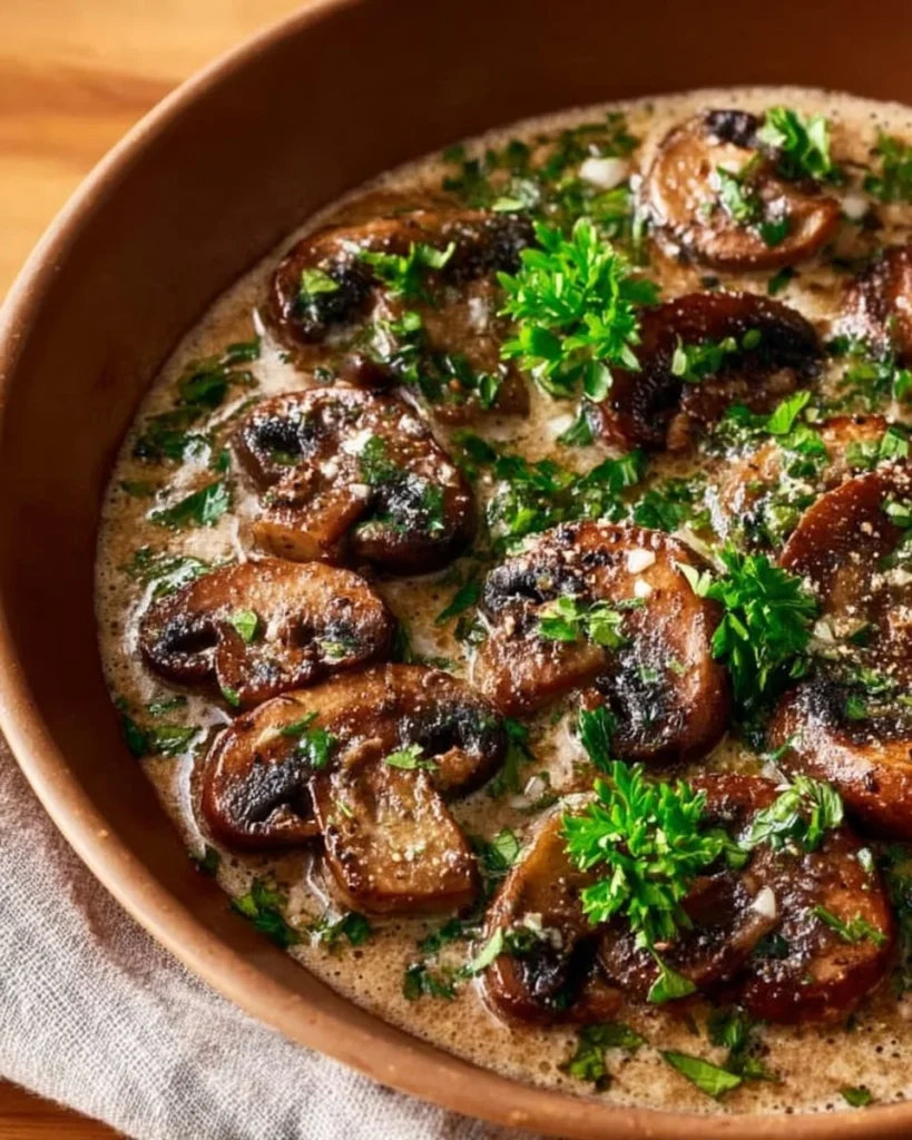 Bowl of creamy mushroom soup garnished with fresh herbs and mushrooms.